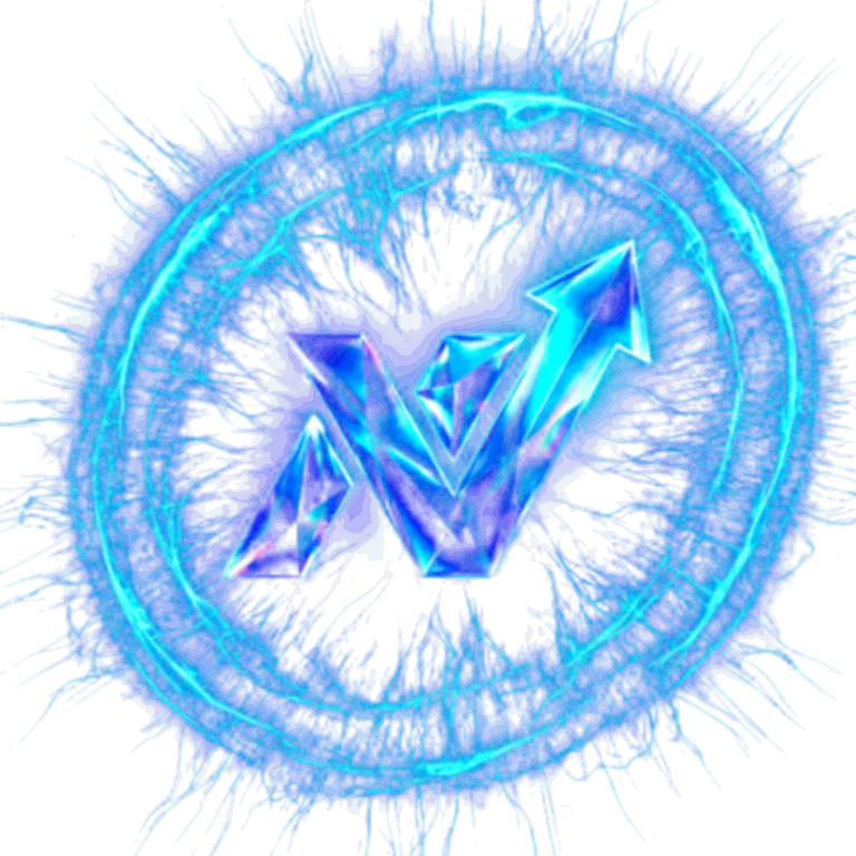 The nextVISION.dev emblem: a faceted crystal N with an arrow breaking upward through it, ringed by blue plasma.